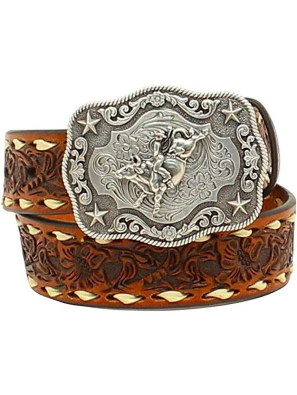 Boys' Brown Floral Tooled Western Boots with Buckstitching & Stylish Buckle